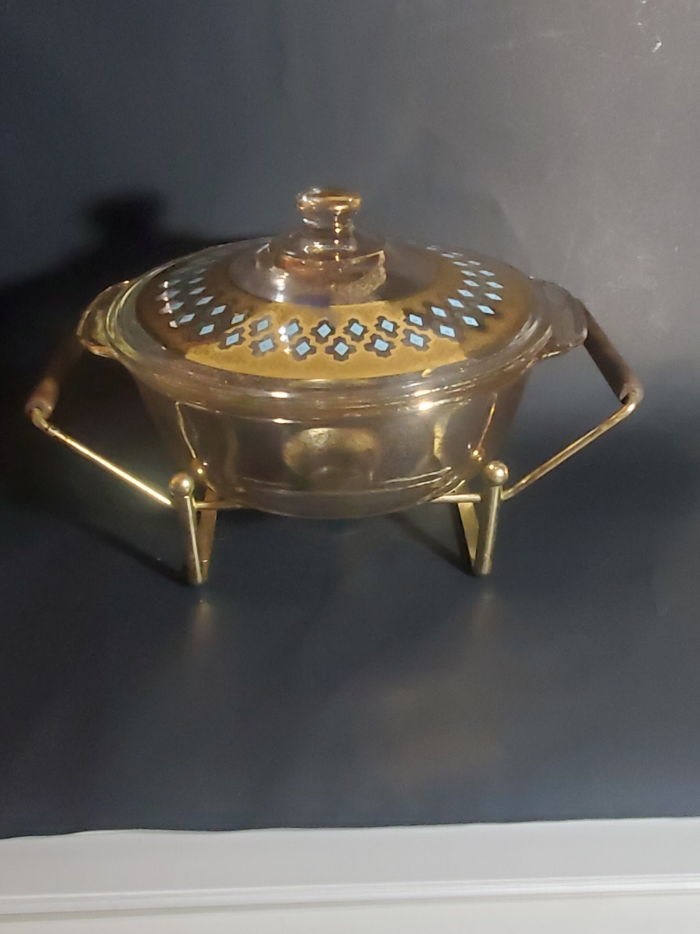 Vintage Fire King Georges Briard Gold & Teal Decorative Glass Casserole Dish MCM